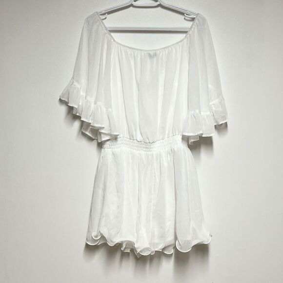 NWT Endless Rose Definitely Demure Off The Shoulder Chiffon Romper - White Sz L - Picture 6 of 8